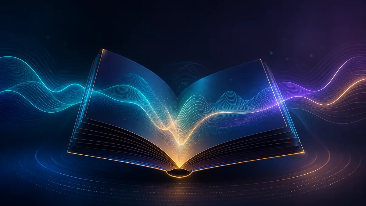 Capa do E-book Sound Energy com livro luminoso e ondas sonoras